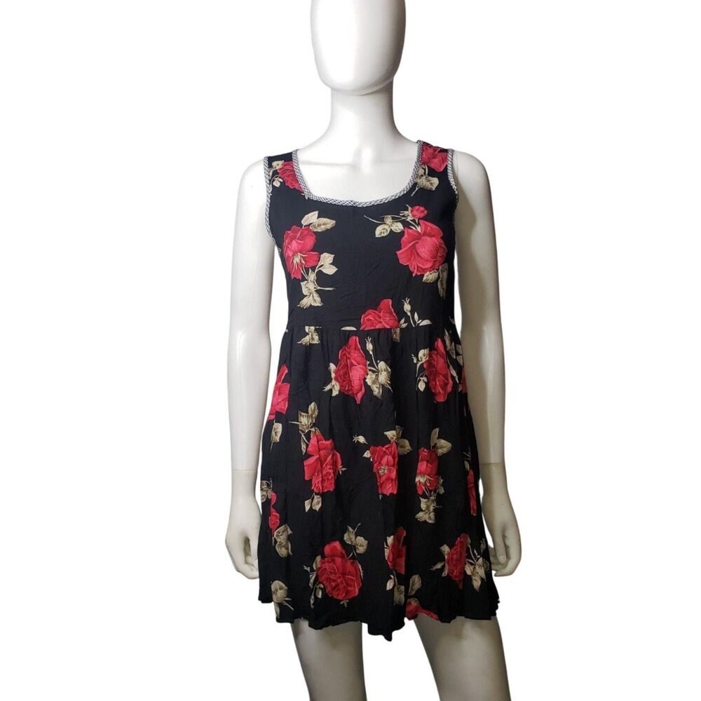 Anxiety Dress Womens Medium Black Red Floral Sleeveless Fit Flare Summer Casual